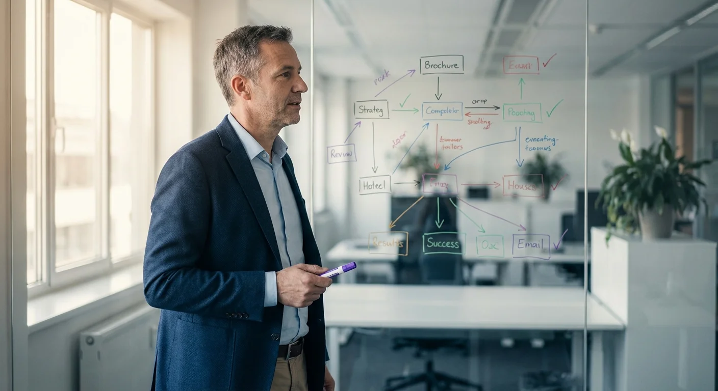 Geschäftsführer bewertet KI-Use-Cases an einem Whiteboard mit Prozessdiagrammen