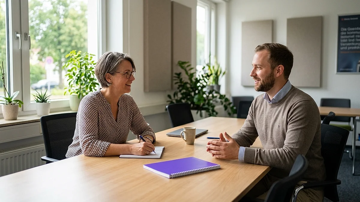 HR-Managerin im Mittelstand im Bewerbungsgespräch mit einem Kandidaten in einem hellen Besprechungsraum
