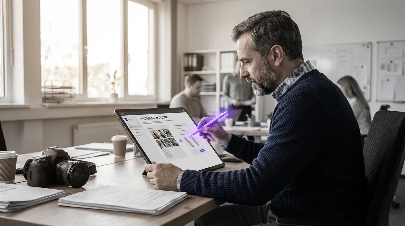 Verschmelzende Medienströme aus Text, Bild und Audio in violettem Licht vor dunklem Hintergrund