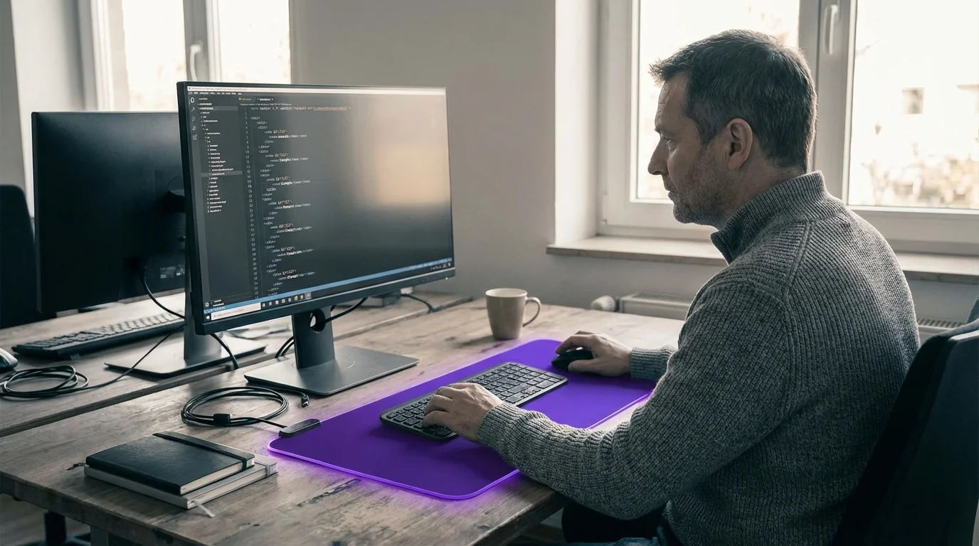Hierarchische XML-Baumstruktur mit violett leuchtenden Tags und Datenknoten
