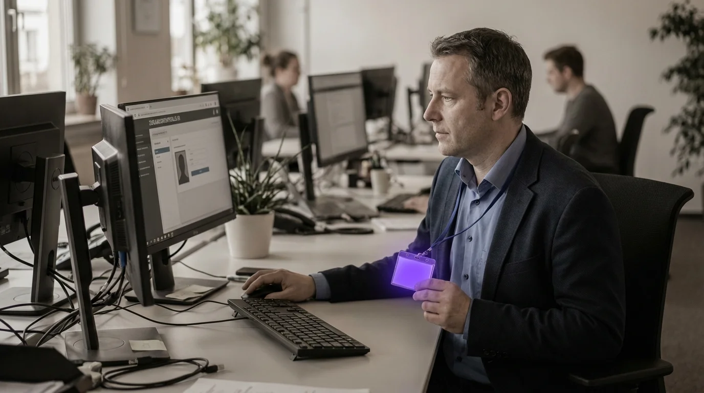 Biometrischer Scanner mit violett leuchtenden Berechtigungsstufen vor einem KI-System