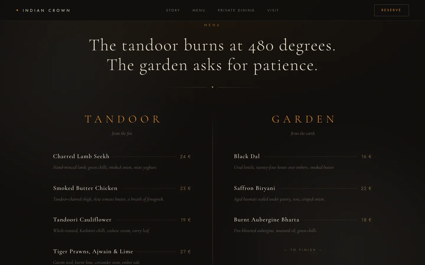 Speisekarte von Indian Crown mit Tandoor und Garden